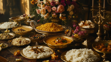 Indian Traditional Dinning Table with Assorted Food and Vegetables.の素材