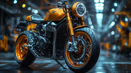 3D rendering of a vintage custom motorcycle in a garage. 3D rendering.の素材