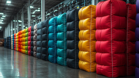 Colorful row of sleeping bags in the warehouse. 3d renderingの素材
