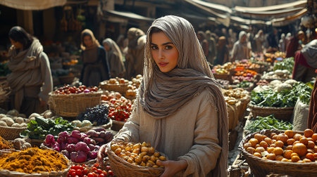 Beautiful muslim woman selling fruits and vegetables in the bazaarの素材