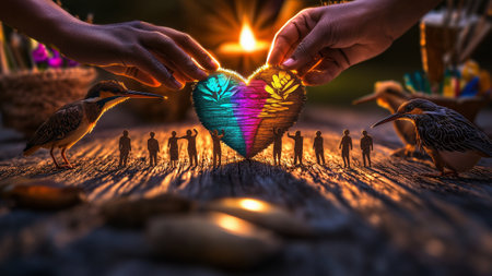 Group of people holding a heart shaped candle light. Valentine's day concept.の素材