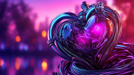 3D rendering of a cyber heart with wires in the background.の素材