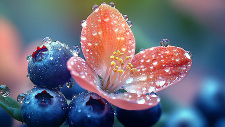 Blueberry flower with water drops on it. 3D illustration.の素材