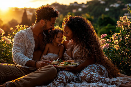 Happy family in the garden at sunset. Mother, father and their daughters having fun together.の素材