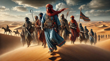 3D rendering of a group of arabic warriors in the desertの素材