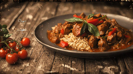 Delicious beef stew with rice and vegetables on a rustic wooden tableの素材