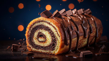 Swiss roll cake with chocolate and cream on a dark background.の素材