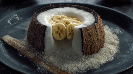 Coconut with banana and coconut flakes on a black plate.の素材