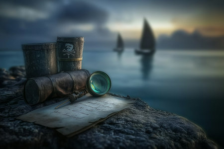 Vacation and travel concept. Vintage binoculars and map on the seashore.の素材