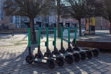 Electric scooters standing under trees in the parking lot of the city square. High quality photo