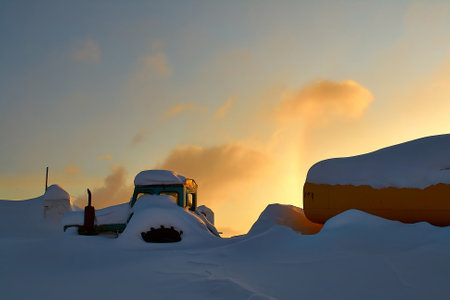 A tractor is covered in snow in the mountains after a snowstorm against the backdrop of a bright...