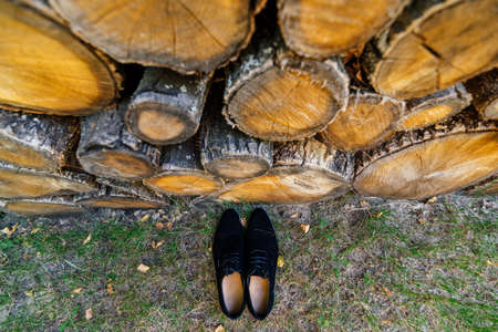 Groom shoes on the grass under a pile of logsの写真素材