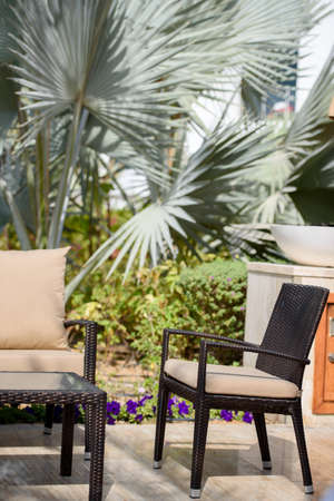 Beautiful empty wicker chair next to a table outdoors with a view of large palm leaves on a background. Outdoor cafe tablesの写真素材