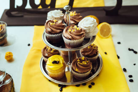 Holiday candy bar. Candy bar served with cupcakes with chocolate and lemon cream on stumpの写真素材