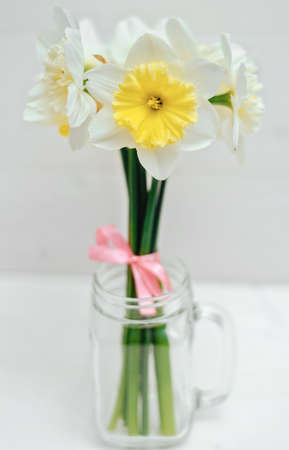 Bright yellow daffodils in vase on white wooden table, focus on one flower. Yellow and white narcissus. Greeting cardの写真素材