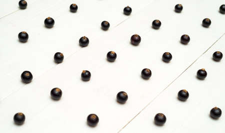 Fresh blackcurrants on white wooden background, copy space. Black currants natural pattern background. Blackcurrant arranged in rows. Summer and healthy food concept の写真素材