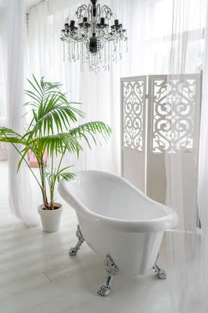 Beautiful luxury vintage empty bathtub near big window in bathroom interio, free space. Freestanding white bath near folding screen and palm tree, copy space の写真素材