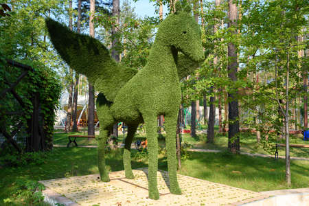 Figure of pegasus made of green lawn grass in the park, free space. Green grass covered topiary pegasus, landscape design. Grass figure of pegasus, topiary figureの写真素材