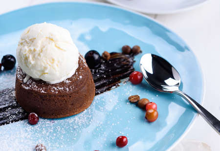 Tasty chocolate lava cake with vanilla ice cream ball and berries on plate on white table, close-up. Chocolate fondant. Hot chocolate pudding.の写真素材