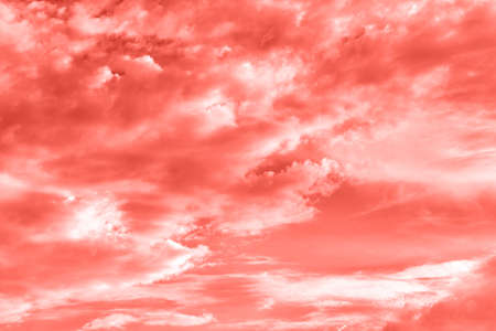 Sky with clouds, copy space. Living Coral background. Color of the year 2019. Nature heaven backgroundの写真素材