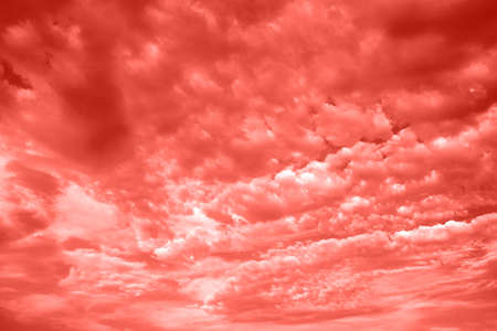 Sky with clouds, copy space. Living Coral background. Color of the year 2019. Nature heaven backgroundの写真素材