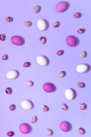 White, violet and quail easter eggs on violet background, copy space. Healthy food concept. Top view, flat lay. Happy Easter conceptの写真素材