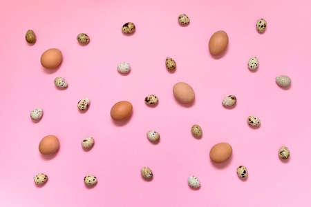 Hen brown eggs and quail eggs on pink background, copy space. Healthy food concept. Top view, flat lay. Easter eggs. Happy Easter conceptの写真素材