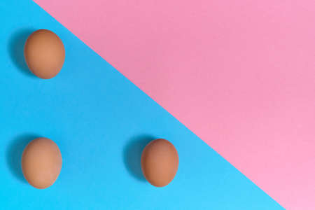 Brown eggs on blue and pink pastel background, copy space. Eggs on paper background with two tone...