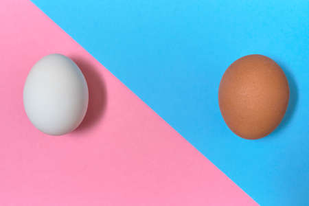 White and brown egg on blue and pink pastel background, copy space. Eggs on paper background with two tone color. Healthy food concept. Easter eggs. Flat lay, top viewの写真素材
