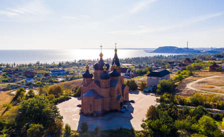 deserted Church of the Archangel Michael in the Left Bank district of the city on an summer day. Ukraine. Mariupol. Opened in 1997.の写真素材