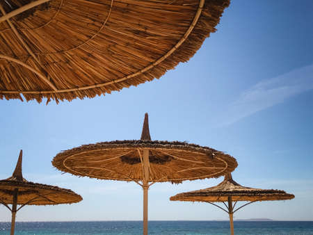 symmetrical thatched beach umbrellas on a sultry summer day. long-awaited vacationの写真素材