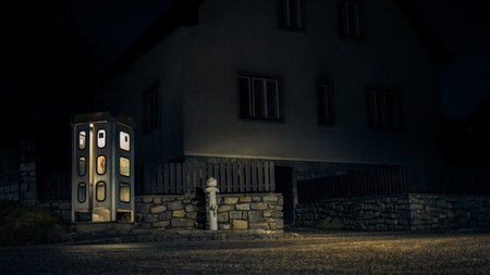 night telephone booth. mystical and mysterious street phone. dangerous place on an empty streetの写真素材