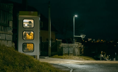 the girl speaks in the night telephone booth. mystical and mysterious street phone. dangerous place on an empty streetの写真素材