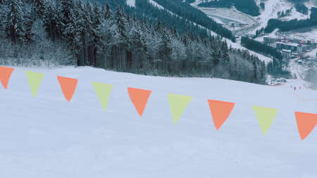 track border. safety flags on the ski slopes in the forested area in mountains, sport and leasure...