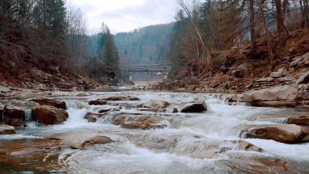 Waterfall in the Winter. Rapid Flow of Water from a Mountain Creek and Stone Rapids with Snow. The river Prut in Ukrainian Carpathians in Yaremche city.Melting ice and snow on the river in the forest.の写真素材
