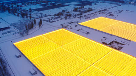 Aerial side view of large industrial greenhouses for growing plants in winter. light pollution. winter day at sunset. Flying along modern plantation glasshouse area. growing plants vegetables flowersの写真素材
