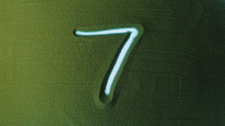 Hand drawing Number Seven 7 Symbol in the Green Sand. Male hand writes a number on the green sand...