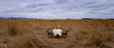 romantic date in nature. restaurant in the field.dinner in the wild. table with white tablecloth, chairs, glasses of wine, flowers and candles. without peopleの写真素材