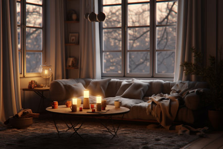 still life home atmosphere in the interior with a book and candles, on the background of cozy blankets, elements of home decor, the concept of comfort and coziness. home atmosphere. Generative AIの素材