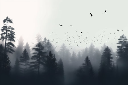 silhouette of birds flying in a foggy forest. Silhouettes of mountains in the fog and a bird flying in cold toning. birds flying in magical forest, fantasy landscape. Generative AIの素材