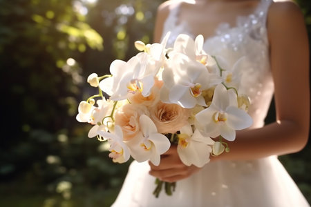 a chic bouquet in the hands of a bride in a white dress. Luxury wedding bouquet. The girl is holding flowers. Generative AIの素材