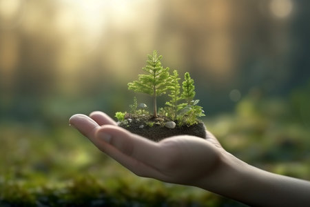 hands hold plants and soil for planting trees, environmental conservation concept Protect and preserve resources plant trees to reduce global warming. conservation of natural forests. Generative AIの素材