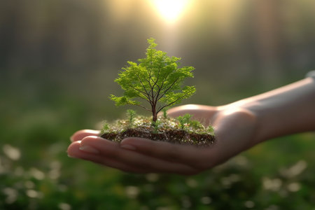 hands hold plants and soil for planting trees, environmental conservation concept Protect and preserve resources plant trees to reduce global warming. conservation of natural forests. Generative AIの素材