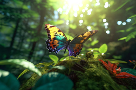 beautiful color butterfly in an exotic forest. colorful tropical background. bright butterfly on green fern leaves. Generative AIの素材