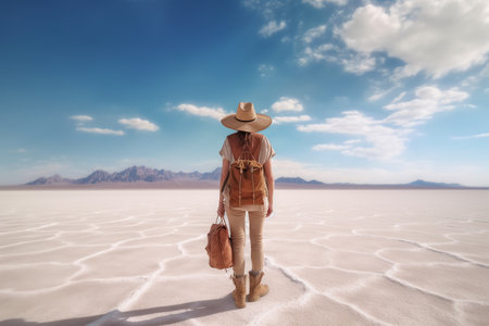 girl tourist stands on a salt lake. a traveler with a backpack and a hat stands with his back with a beautiful view. Generative AIの素材