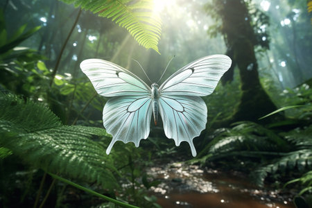 beautiful color butterfly in an exotic forest. colorful tropical background. bright butterfly on green fern leaves. Generative AIの素材