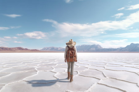 girl tourist stands on a salt lake. a traveler with a backpack and a hat stands with his back with a beautiful view. Generative AIの素材