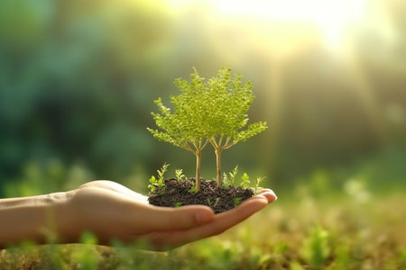 hands hold plants and soil for planting trees, environmental conservation concept Protect and preserve resources plant trees to reduce global warming. conservation of natural forests. Generative AIの素材