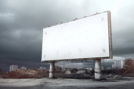 a white empty billboard for your advertising stands in a rusty dump in the urban area of a large urban metropolis. before the storm. blank advertising billboard mockup. Generative AIの写真素材