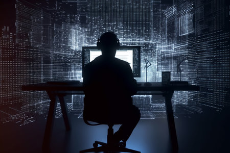 it specialist silhouette. computer code. Faceless male it specialist in front of animated computer code. it specialist front of his computer running work. Generative AIの素材